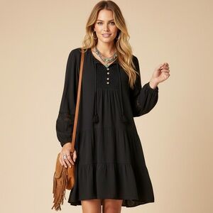 Lucky Brand Tiered Tunic Dress Black Tassel Tie V-Neck Size Large